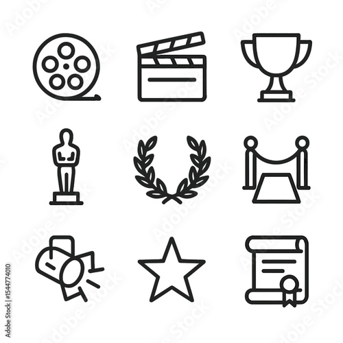 Film Festival Icons. Outline icon set of film festival accolades: film reel, clapperboard, trophy cup, award statue, laurel wreath
