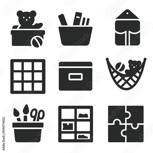 Kids' Room Icons. Solid, filled icons set of kids’ room organization: toy chest, book bin, wall pouch, cubby