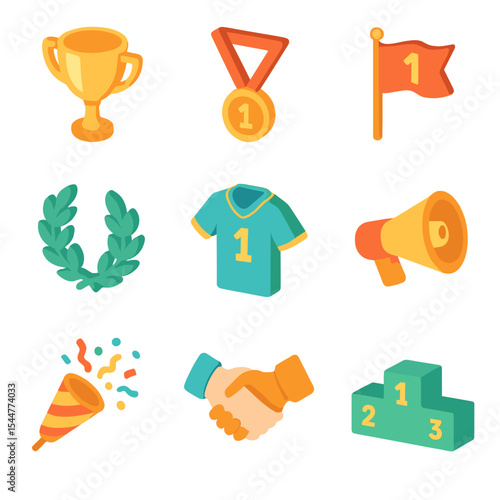 Sports Victory Icons. Isometric Flat icon set of sports victory moments: trophy, medal, victory flag, laurel wreath, sports jersey