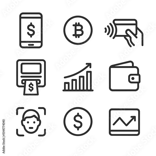 Fintech Icon Grid. Outline icon set of fintech and digital banking: mobile banking app, crypto coin, contactless payment, ATM, bar