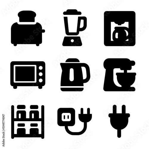 Kitchen Appliance Icons. Solid, filled icons set of small appliance station: toaster icon, blender cup, coffee