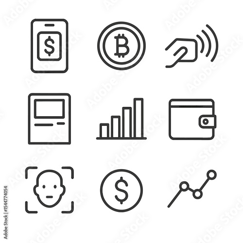 Fintech Icon Grid. Outline icon set of fintech and digital banking: mobile banking app, crypto coin, contactless payment, ATM, bar