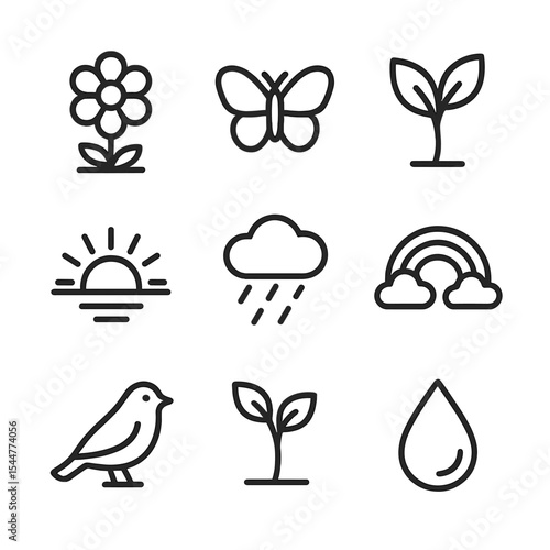 Spring Renewal Icons. Outline icon set of spring and renewal themes: blooming flower, butterfly, budding leaf, sunrise, rain