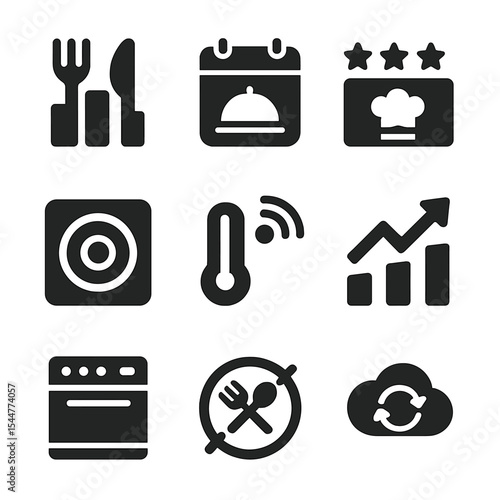 Kitchen Data Icons. Solid, filled icons set of kitchen data and analytics: usage graph, cooking frequency,