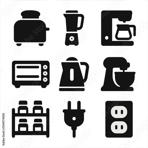 Kitchen Appliance Icons. Solid, filled icons set of small appliance station: toaster icon, blender cup, coffee