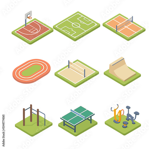 Sports Facility Icons. Isometric Flat icon set of sports facilities in park: basketball court, soccer field, tennis court, running