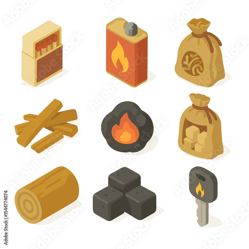 Fire Starting Icons. Isometric Flat icon set of fire-starting accessories: matchbox, lighter fluid can, tinder pouch, kindling