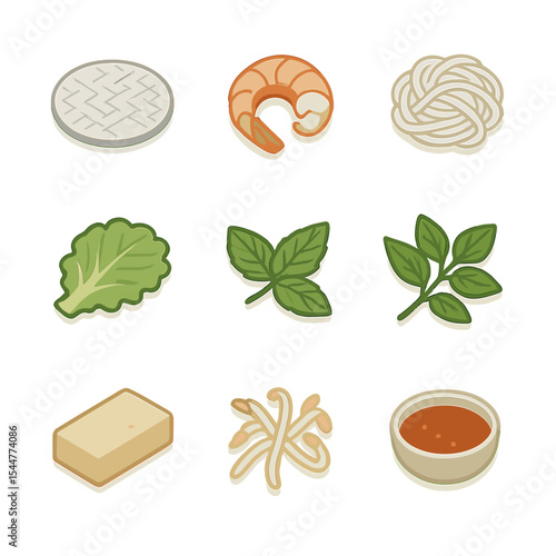 Spring Roll Ingredients Icons. Isometric Flat icon set of fresh spring rolls ingredients: rice paper wrapper, shrimp, rice