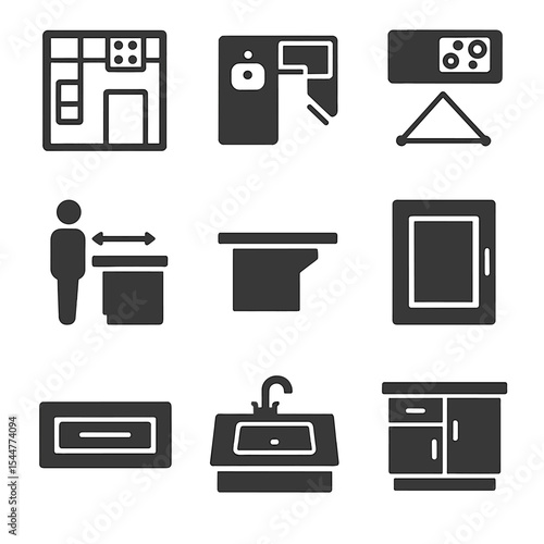 Kitchen Island Icons. Solid, filled icons set of kitchen island design: kitchen blueprint, island layout, work