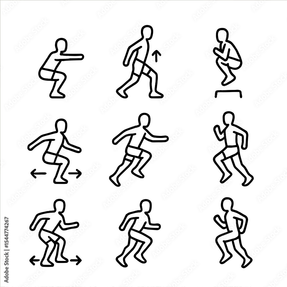 Naklejka premium Plyometric Exercise Icons. Outline icon set of lower body plyometrics: squat jump, lunge jump, tuck jump, box jump, lateral hop,