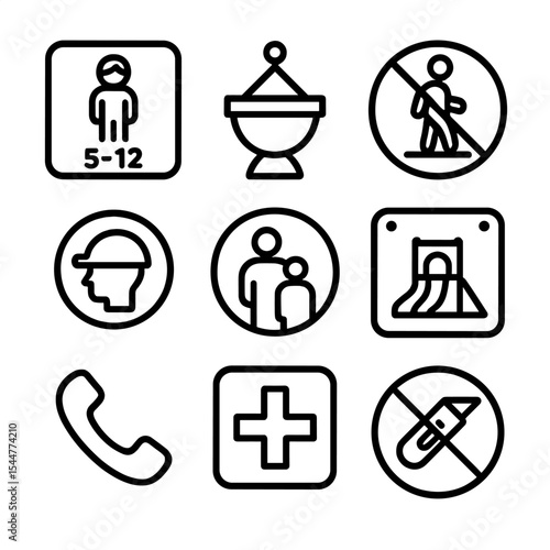 Playground Safety Icons. Outline icon set of playground signage and rules: age group icon, weight limit sign, no standing symbol,