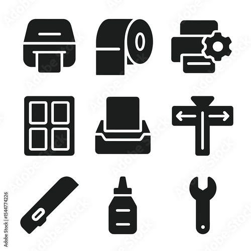 Label Printing Icons. Solid, filled icons set of label printing: thermal printer, label roll, print settings,