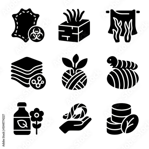 Lab Material Icons. Solid, filled icons set of lab-based materials: biofabricated leather, mycelium fiber,