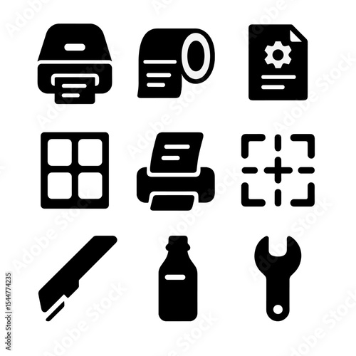 Label Printing Icons. Solid, filled icons set of label printing: thermal printer, label roll, print settings,