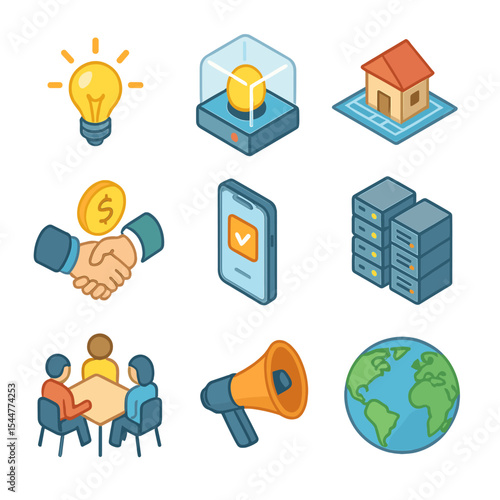 Startup Growth Icons. Isometric Flat icon set of startup growth stages: idea bulb, incubator icon, prototype model, funding