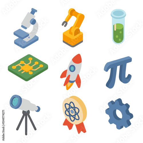 STEM Icon Set. Isometric Flat icon set of STEM engagement activities: microscope, robot arm, test tube, circuit board, rocket, π