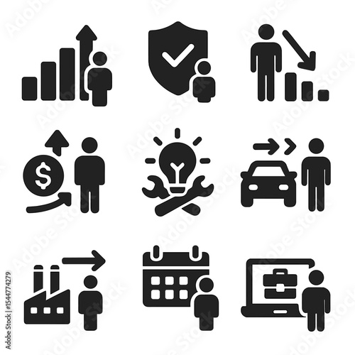 Labor Market Icons. Solid, filled icons set of labor market trends: job growth, employment rate, unemployment
