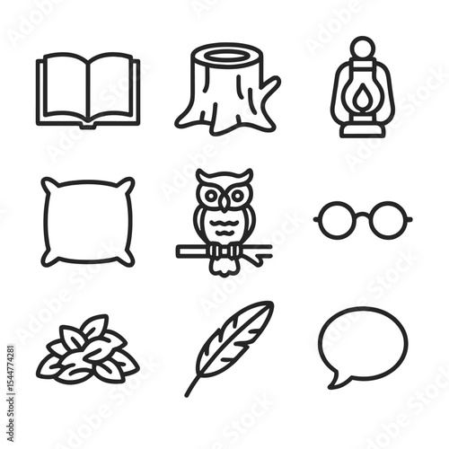 Storytime Icon Set. Outline icon set of storytime under tree: open book, tree stump, lantern lamp, cushion pillow, owl perch,