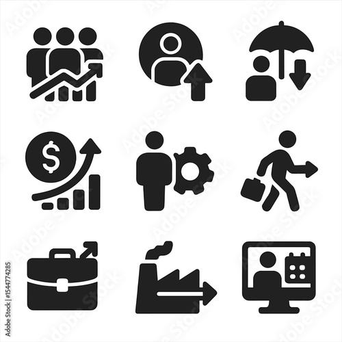 Labor Market Icons. Solid, filled icons set of labor market trends: job growth, employment rate, unemployment
