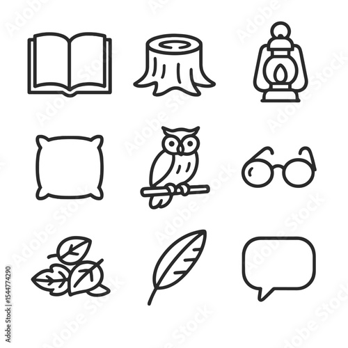 Storytime Icon Set. Outline icon set of storytime under tree: open book, tree stump, lantern lamp, cushion pillow, owl perch,