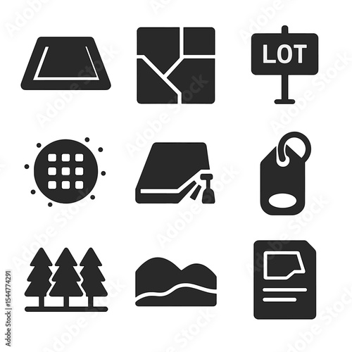 Land Icons Grid. Solid, filled icons set of land and undeveloped property: land plot outline, zoning map, lot