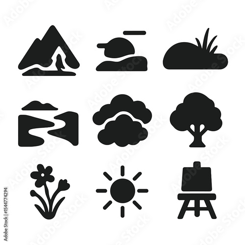 Landscape Icon Grid. Solid, filled icons set of landscape painting themes: mountain scene, sunset sky, grassy