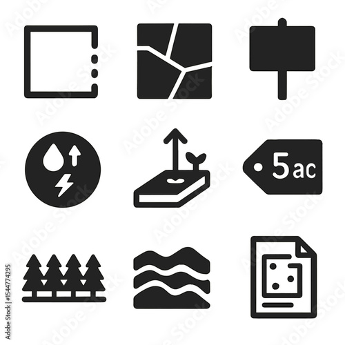 Land Icons Grid. Solid, filled icons set of land and undeveloped property: land plot outline, zoning map, lot