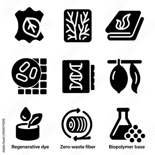 Lab Material Icons. Solid, filled icons set of lab-based materials: biofabricated leather, mycelium fiber,