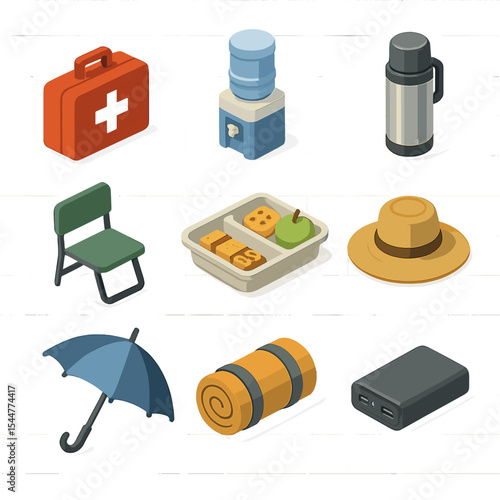 Strike Support Icon Set. Isometric Flat icon set of strike support supplies: first aid kit, water cooler, thermos flask, snack