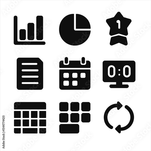Learning Analytics Icons. Solid, filled icons set of learning progress and analytics: bar chart, pie graph,