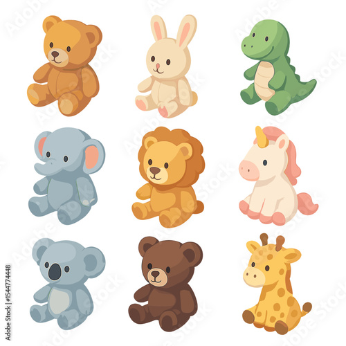 Stuffed Animals Grid. Isometric Flat icon set of stuffed animals collection: teddy bear, bunny plush, dinosaur plush, elephant