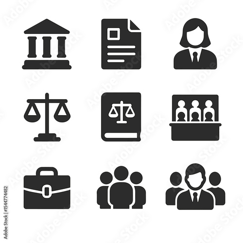 Legal Icons Grid. Solid, filled icons set of legal teams in class action suits: courthouse icon, legal