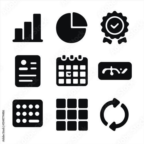 Learning Analytics Icons. Solid, filled icons set of learning progress and analytics: bar chart, pie graph,
