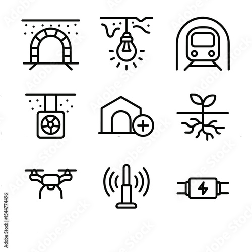 Subterranean Urban Icons. Outline icon set of subterranean urban systems: underground tunnel, bio-luminescent lamp, geotunnel