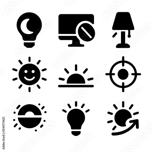 Lighting Icons Grid. Solid, filled icons set of lighting for wellness and productivity: circadian rhythm bulb,