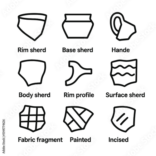 Pottery Fragment Icons. Outline icon set of pottery fragment classification: rim sherd, base sherd, handle fragment, body sherd,