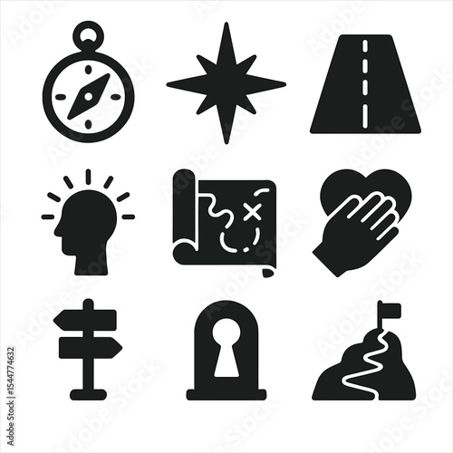 Life Purpose Icons. Solid, filled icons set of life purpose exploration: compass, guiding star, open road,