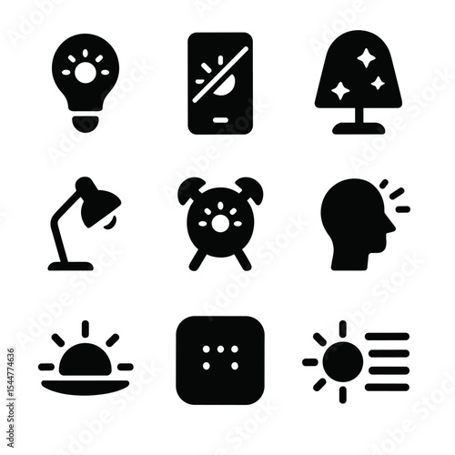 Lighting Icons Grid. Solid, filled icons set of lighting for wellness and productivity: circadian rhythm bulb,