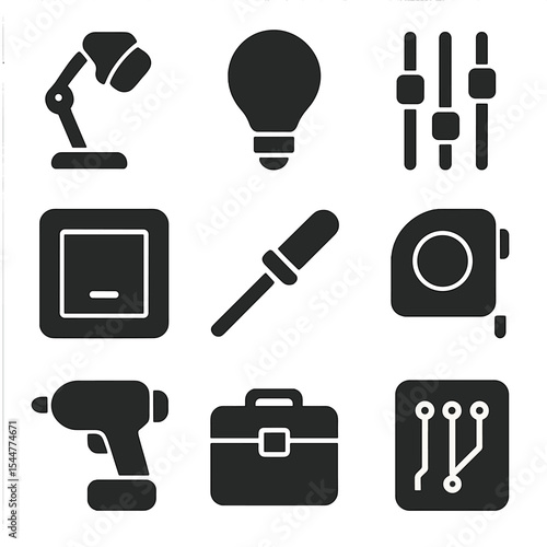 Lighting Upgrade Icons. Solid, filled icons set of lighting upgrades: lamp icon, light bulb, wiring icon, switch icon, screwdriver icon, measuring tape, drill icon, toolbox, circuit icon.