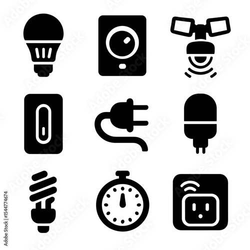 Lighting Icon Set. Solid, filled icons set of lighting and power use: LED bulb, dimmer switch, motion sensor light, off switch, unplug icon, night light, efficient lamp, timer icon, smart plug.