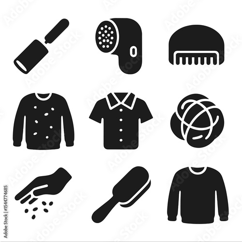 Lint Removal Icons. Solid, filled icons set of removing lint and fuzz: sticky roller, fabric shaver, wool comb