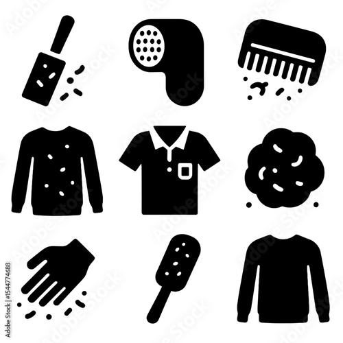 Lint Removal Icons. Solid, filled icons set of removing lint and fuzz: sticky roller, fabric shaver, wool comb