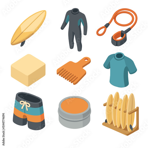 Surf Equipment Icon Set. Isometric Flat icon set of surf culture and equipment: surfboard, wetsuit, leash, wax block, surf wax