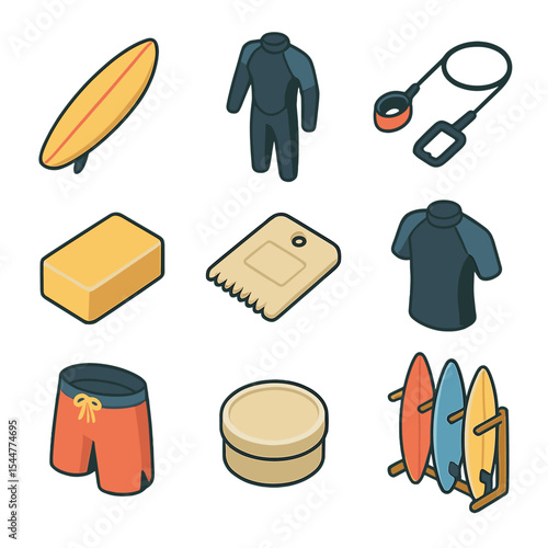 Surf Equipment Icon Set. Isometric Flat icon set of surf culture and equipment: surfboard, wetsuit, leash, wax block, surf wax