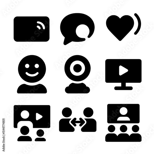 Live Streaming Icons. Solid, filled icons set of live streaming and interactive content: live icon, chat