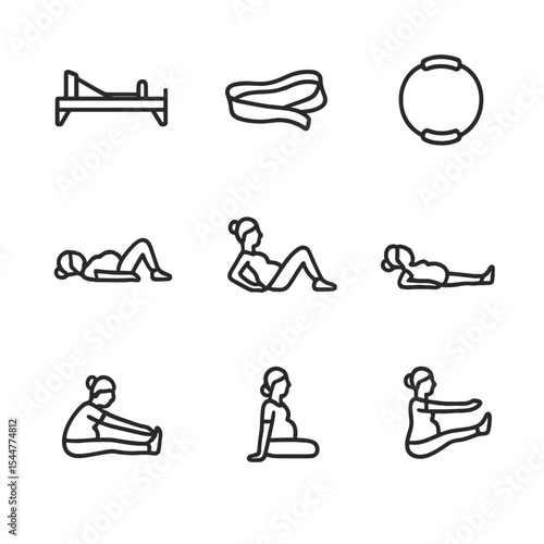 Pregnancy Pilates Icons. Outline icon set of pregnancy Pilates modifications: reformer silhouette, resistance band, magic circle,