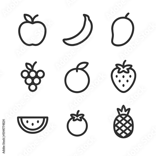 Fruit Icon Grid. Outline icon set of fruit crops: apple, banana, mango, grape, orange, strawberry, watermelon, blueberry,