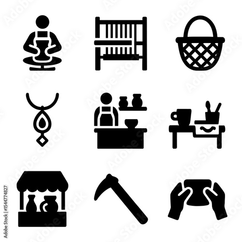 Local Artisan Icons. Solid, filled icons set of local artisan tourism: pottery wheel, weaving loom, handmade