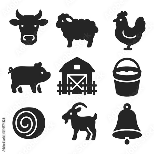 Livestock Icon Set. Solid, filled icons set of livestock farm experiences: cow icon, sheep, chicken, piglet,