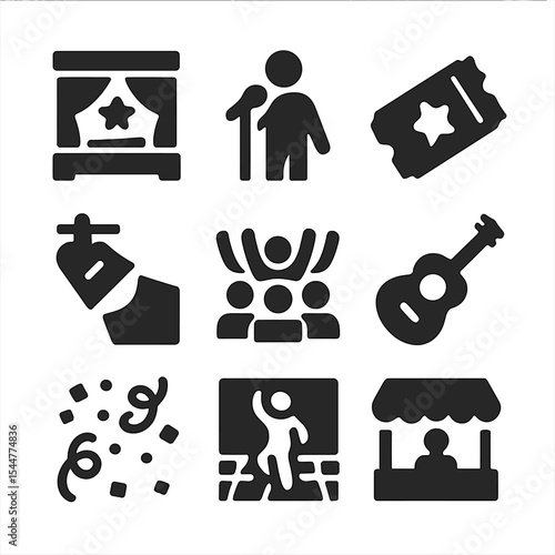 Live Show Icons. Solid, filled icons set of attending live shows: music stage, performer, ticket stub,